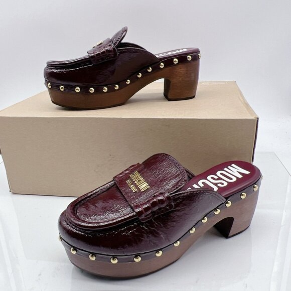 MOSCHINO 70MM Logo Patent Leather Platform Clogs BORDEAUX Red Womens EU 35 $770 - Picture 4 of 11